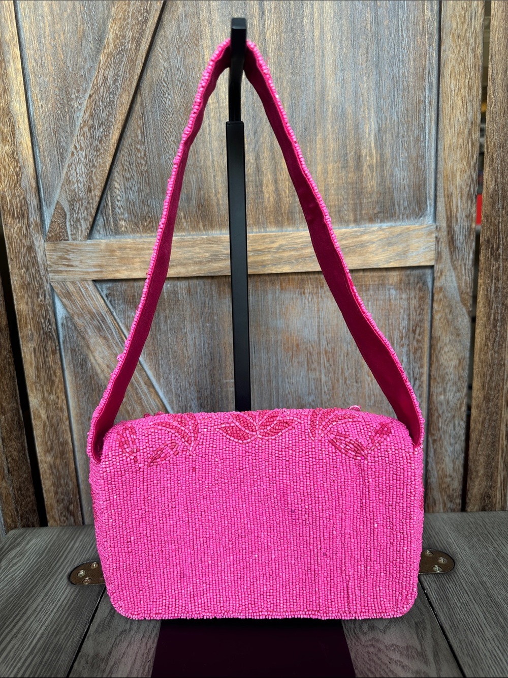 BCBGMaxAzria Pink Floral Beaded Shoulder Handbag Purse - Picture 2 of 14